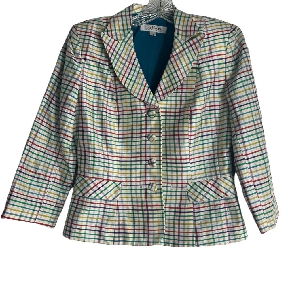 Kay Unger Silk Windowpane Check Button In Multi-C… - image 1